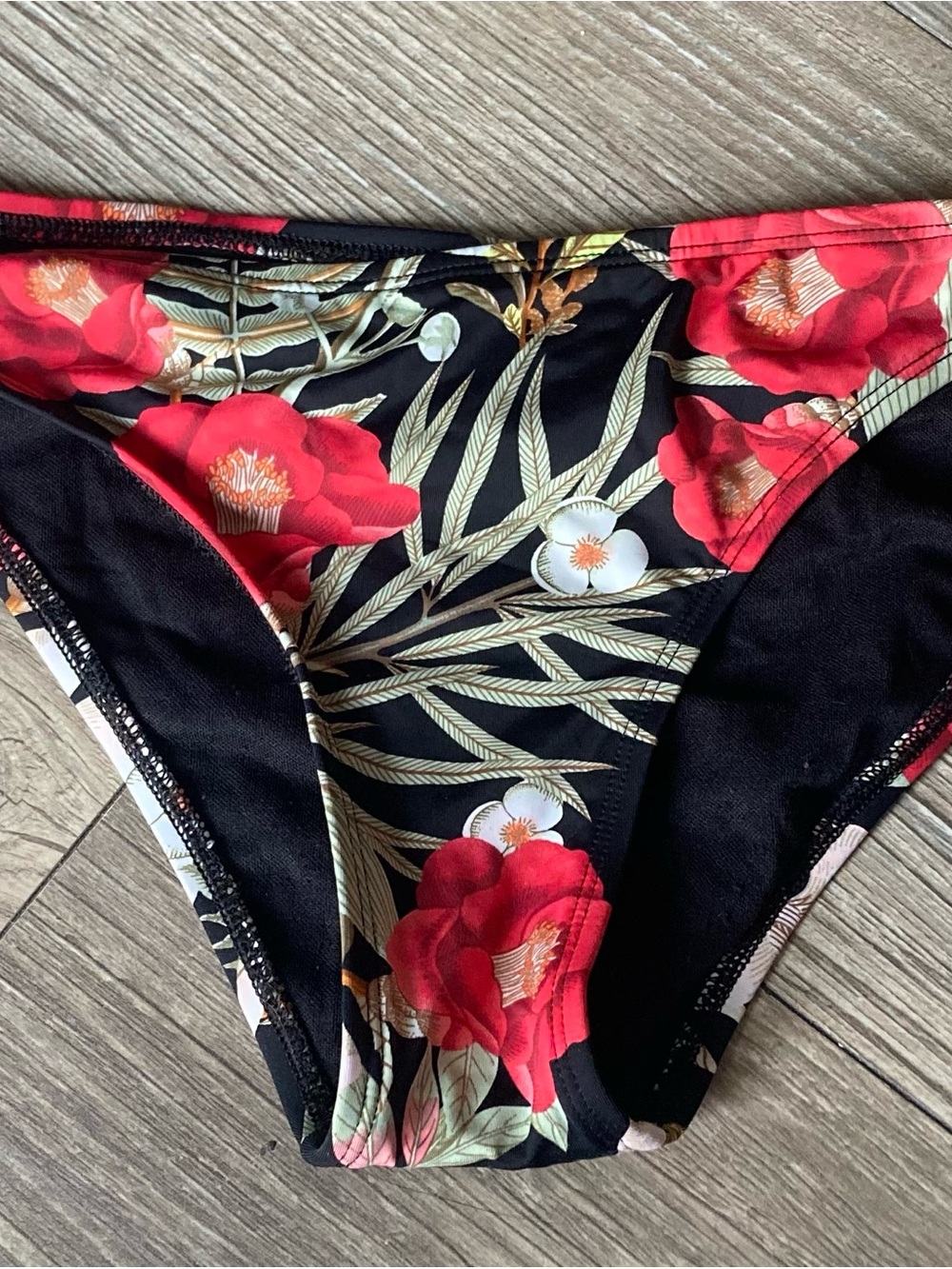 Sky Black Floral Bikini Bottom with Red and White Flowers